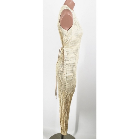 Theory Satin Gold Crinkle MIDI Dress Sz 4 - Picture 2 of 8